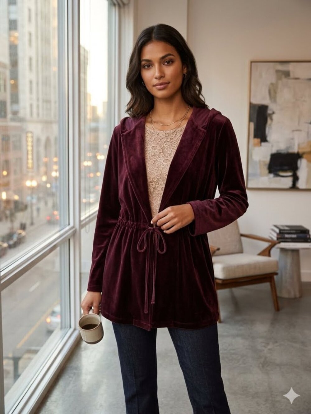 Talbots Women's Size PL Wine Velour Long Sleeve Drawstring Close Hoodie Jacket